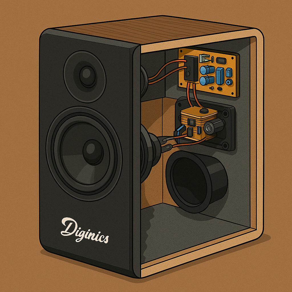 Ảnh cắt lớp bên trong loa bookshelf cao cấp thương hiệu Diginics, gồm driver woofer và tweeter bố trí hợp lý, mạch DSP, lỗ thoát hơi (bass reflex), vật liệu tiêu âm và bo mạch khuếch đại – phản ánh các yếu tố quan trọng hơn cả công suất RMS trong trải nghiệm âm thanh.
